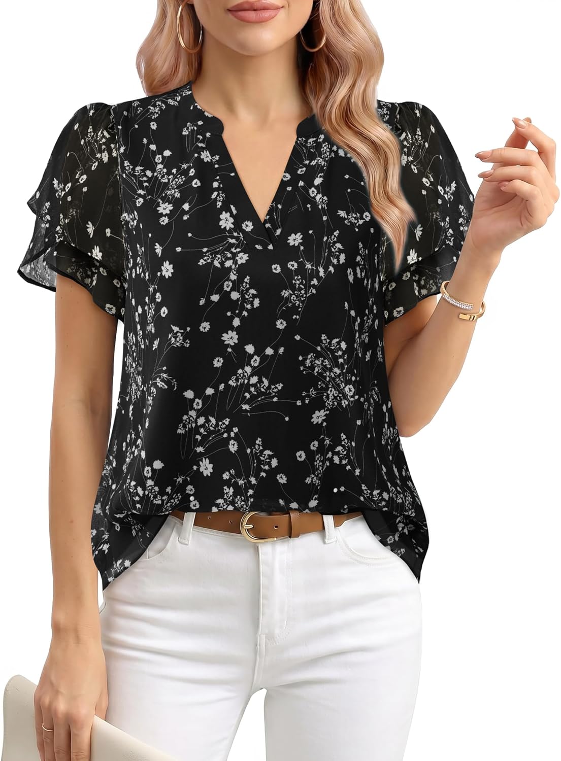 Lotusmile Womens Dressy Chiffon Blouses Summer Puff Petal Short Sleeve Shirts V Neck Casual Work Tops