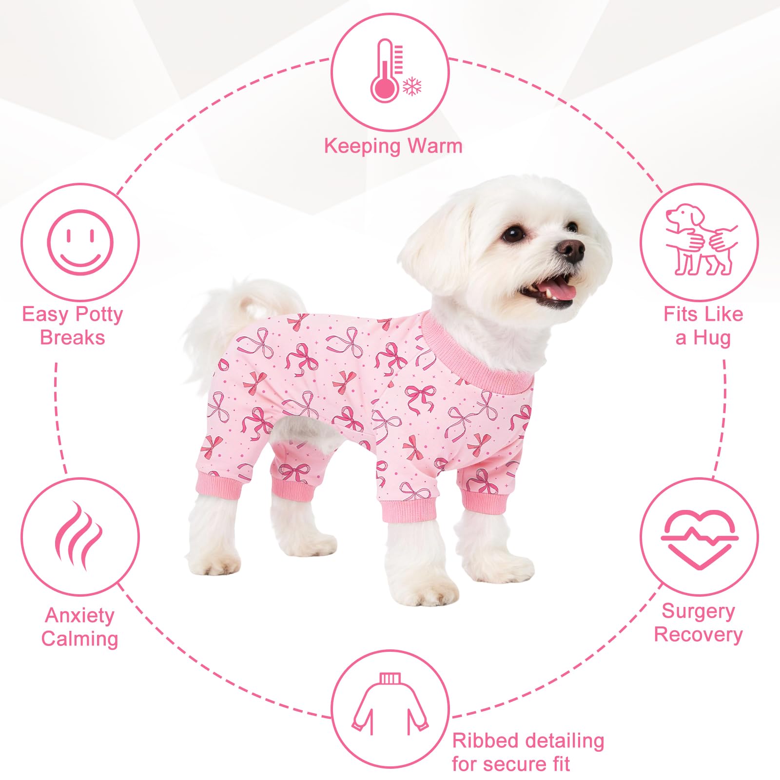 Dog Pajamas for Small Medium Dogs Recovery Suit Dog Pjs Dog Onesie Cute Soft Breathable Puppy Pajamas Pet Spring Summer Stretchy Pjs for Boy Girl - Pink Bows — view 4