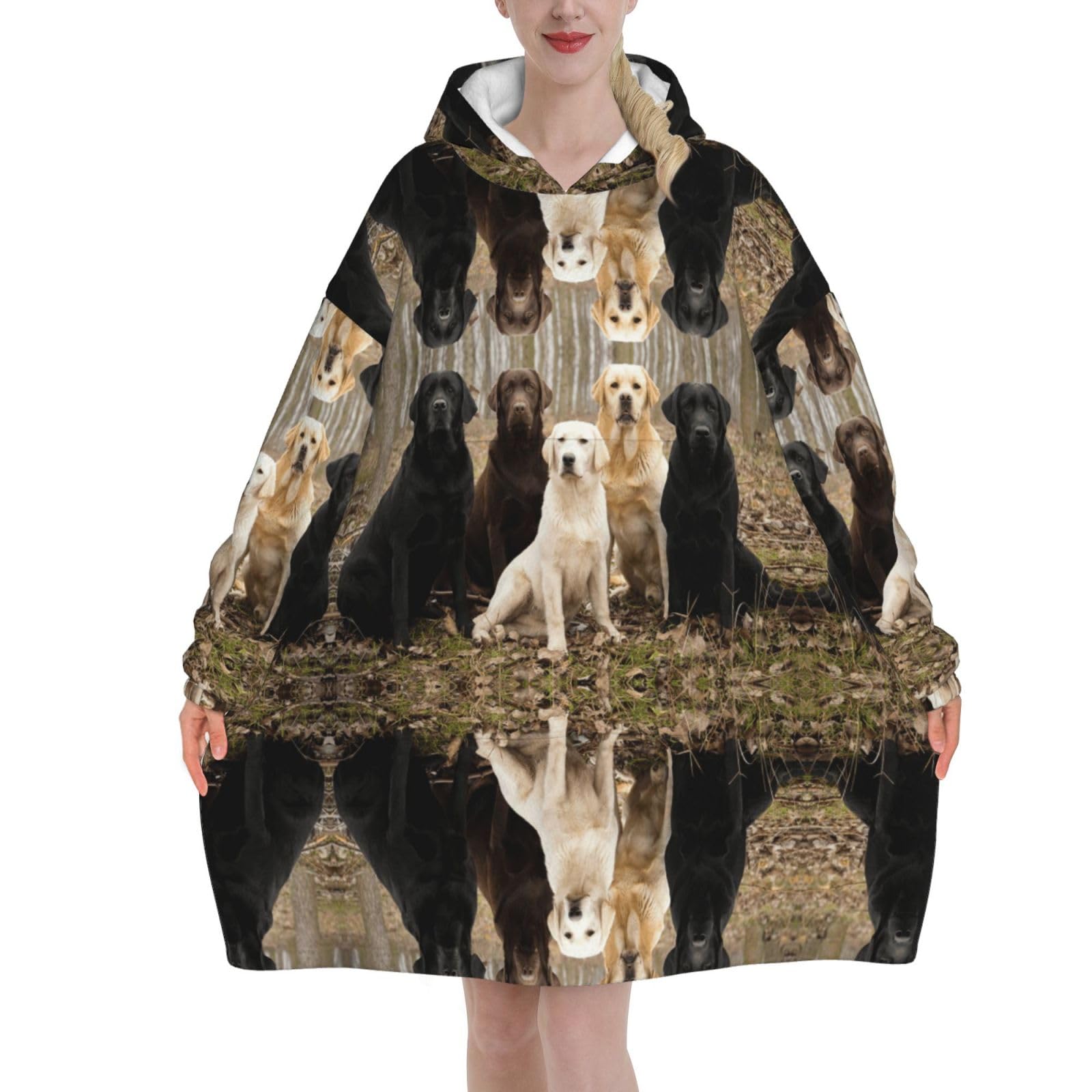 Poadnly Unisex As Picture Labrador Retrievers Dogs Black Golden White Brown,Women's Oversized Wearable Blanket Hoodie, Blanket Sweatshirt,Flannel Pullover Blanket