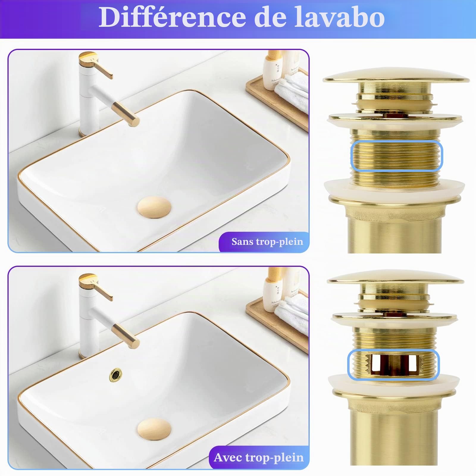 Design Siphon pour lavabo avec garniture de vidage, vanne pop-up sans trop-plein, siphon universel en laiton, piège à odeur pour salle de bain avec joints d'étanchéité, ouverture de nettoyage (Or