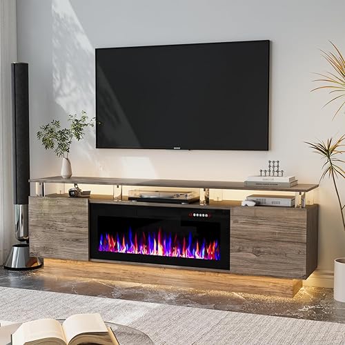 Miniatura 11 de Soporte de TV con chimenea de 36 pulgadas, soporte de TV negro de 70 pulgadas para sala de estar, moderno soporte de TV con chimenea eléctrica con