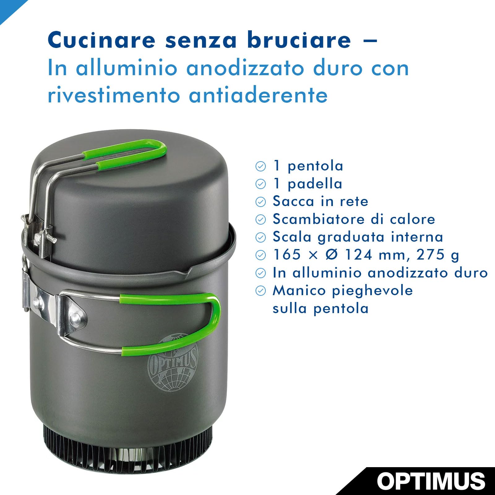 Set di cottura Optimus Terra Weekend HE - pentola da 0,95 L con scambiatore di calore e padella/coperchio | alluminio antiaderente e anodizzato | pentole ultraleggere per campeggio e trekking
