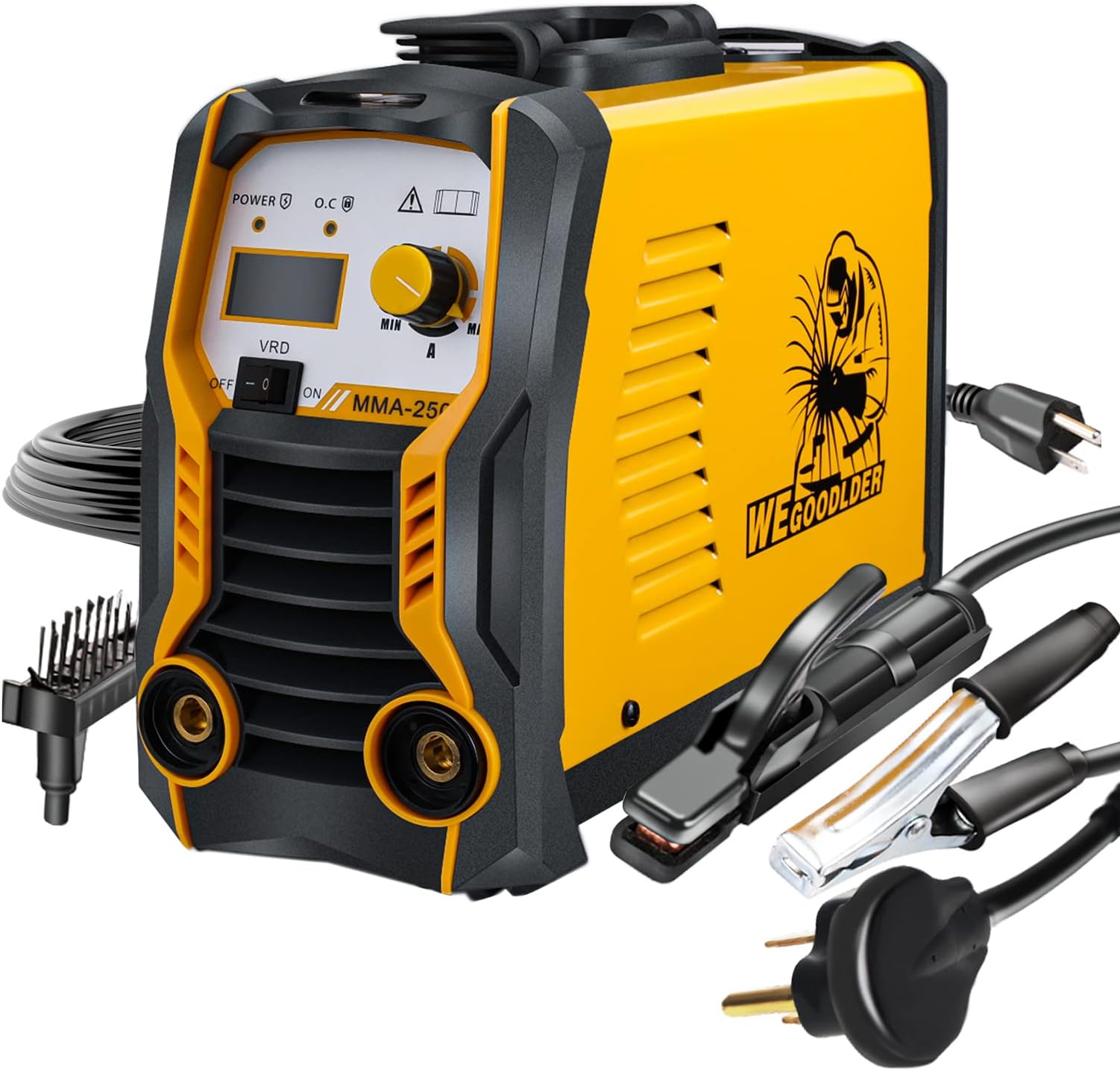 110/220V Mini MMA Welder 250Amp ARC Stick Welding Machine IGBT Digital Display LCD Dual Voltage Welder with Electrode Holder Work Clamp Input Power Adapter Cable
