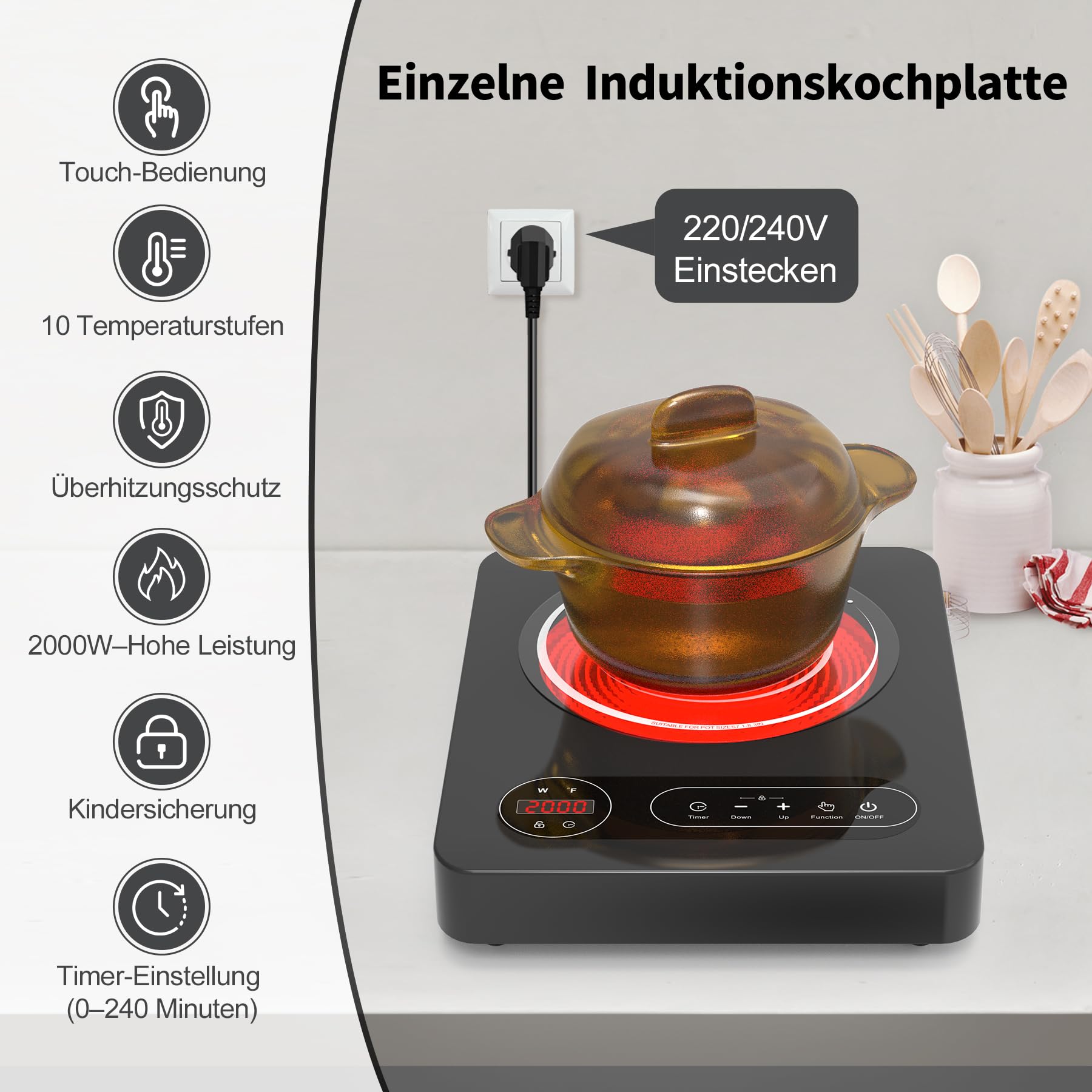 VBGK Glaskeramikkochfeld 220V 2000W LED-Touch-Steuerung 10 Leistungsstufen 4-Stunden-Timer Sicherheitsschloss 1 Platte