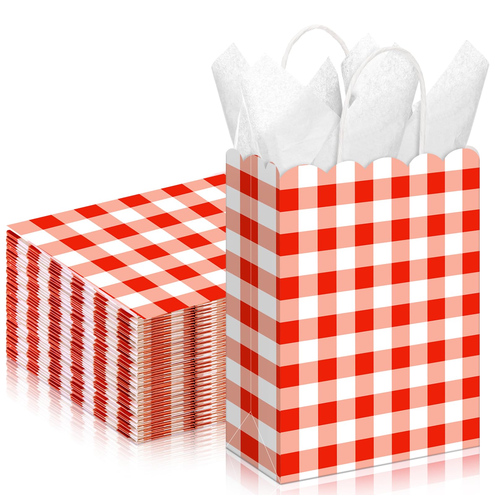 Kolldenn 24 Pcs Red Gingham Party Supplies Gift Bags with Handles Kraft Paper Checkered Plaid Treat Candy Goodie Bags for Birthday Wedding Gingham Party Favors (8.27 x 6.3 x 3.15 Inch)