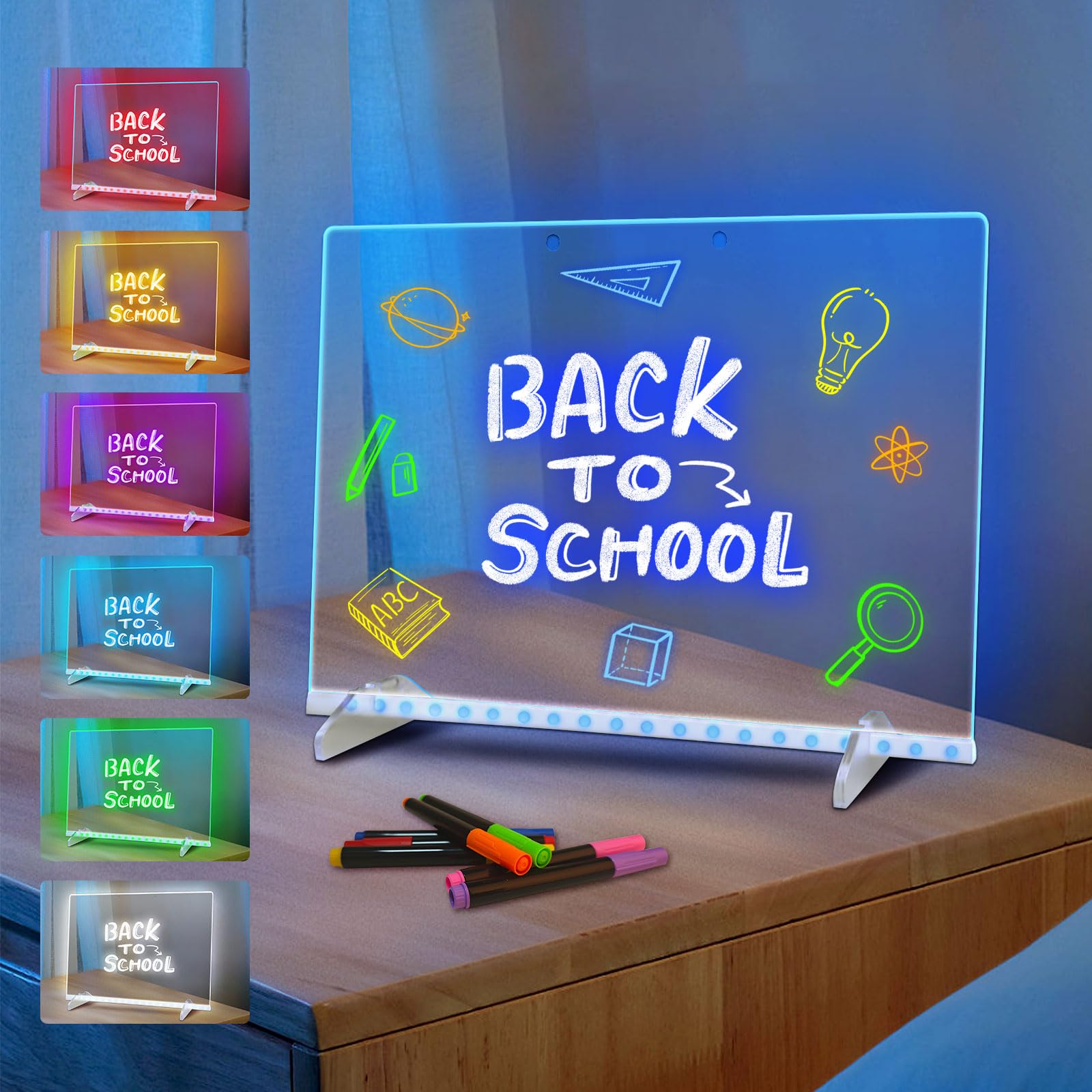 LED Note Board with 7 Colors, Includes Adapter, 13"x10" Led Drawing Board for Kids with Invisible Stand, Light Up Dry Erase Board with 7 Markers, Soft Cloth, Hanging Chain, Holiday Trend Gift