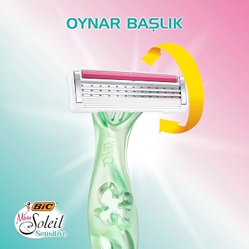 BIC Miss Soleil Sensitive Women's Razor 3-Piece Blister (3 Blades), Playing Head, Enriched Lubricating Gel Strip with Aloe Vera