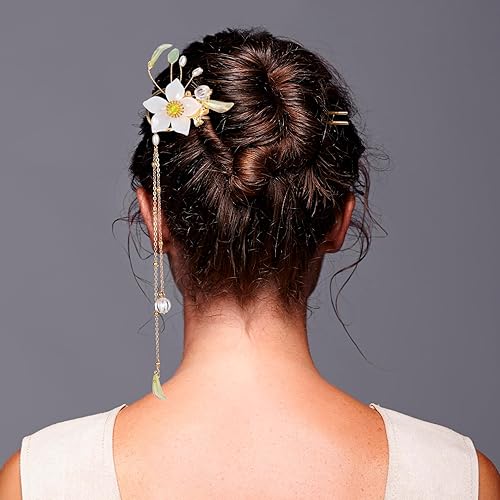 Miniatura 3 de HINZIC 6 horquillas con borlas de flores de lirio, perlas de cristal con diamantes de imitación para el cabello, tocado retro chino Hanfu para