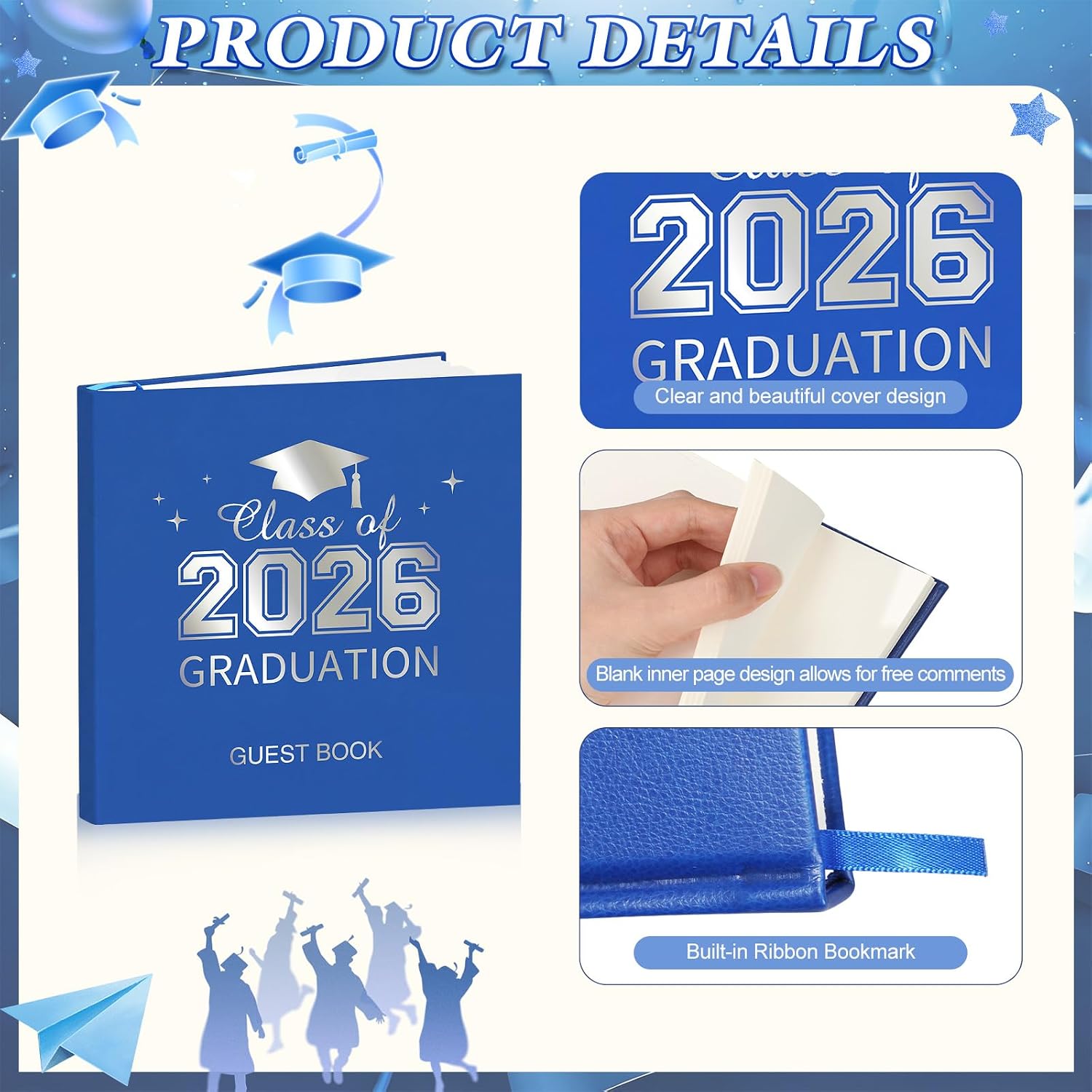Pajean 2026 Graduation Guest Book Set with Photo Guest Book Sign Holder Dual Tip Pens Photo Corner Stickers Grad Cap Stickers for Congrats Grad Party Supplies Favors Gifts(Blue Silver)