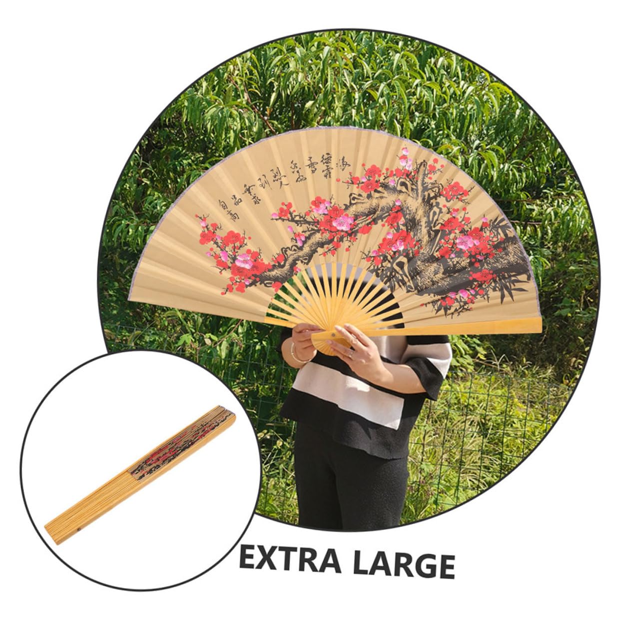 2 Stück Großer Papierfächer im Chinesischen Stil mit Blumenmuster Traditionelle Wanddekoration aus Papier und Holz für Feierlichkeiten und Hochzeitsatmosphäre