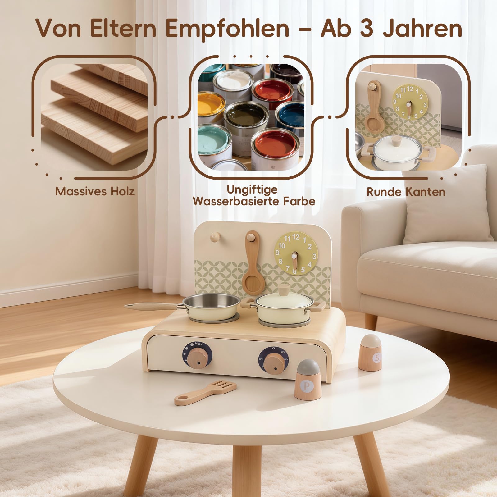 Kinderküche Zubehör Holz, Mini Spielküche Spielset mit Topf, Pfanne, Drehbare Knöpfe mit Klickgeräusch, Montessori Spielzeug ab 3 Jahren