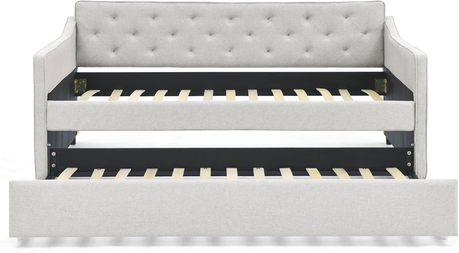 Twin Size Daybed with Trundle, Upholstered Tufted Sofa Bed, Waved Shape Arms, Beige, Ideal for Living Room, Bedroom, Guest Room, 80.5W x 44.5D x 33.5H in