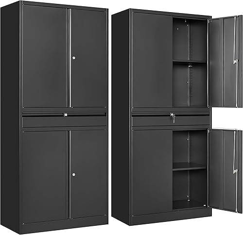 SISESOL Armario de almacenamiento de metal para garaje con puertas y estantes, armario de almacenamiento multifuncional de 71 pulgadas con estantes