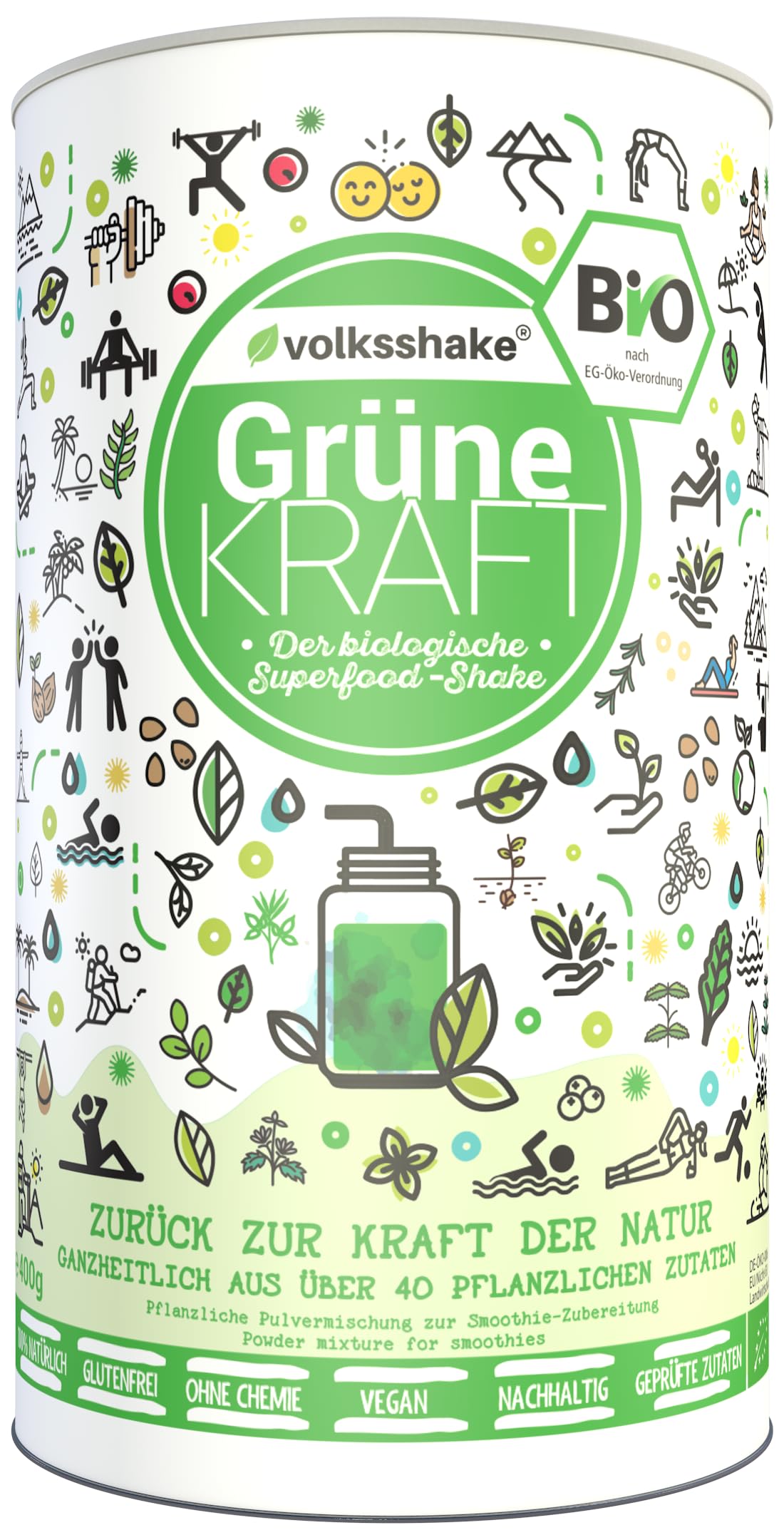 BIO Grüne Kraft | Smoothiepulver | 400g | DE-ÖKO-006 | KEINE FÜLLSTOFFE wie Erbsenprotein | Über 40 Zutaten wie Weizengras, Gerstengras, Dinkelgras | Premiumqualität vom Bodensee | Made in Germany