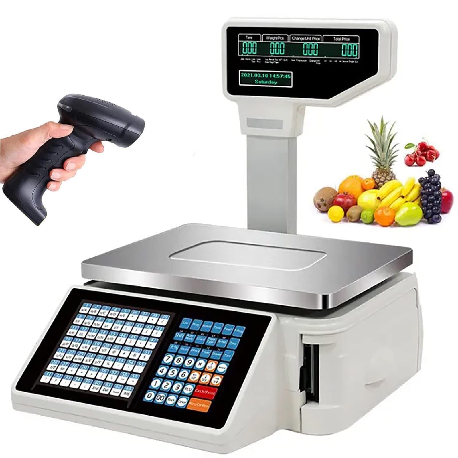 Bilancia elettronica di calcolo dei prezzi della bilancia di stampa di etichette, bilancia digitale di calcolo dei prezzi con stampante termica per etichette e doppio display, 30kg/60lb (Machine+