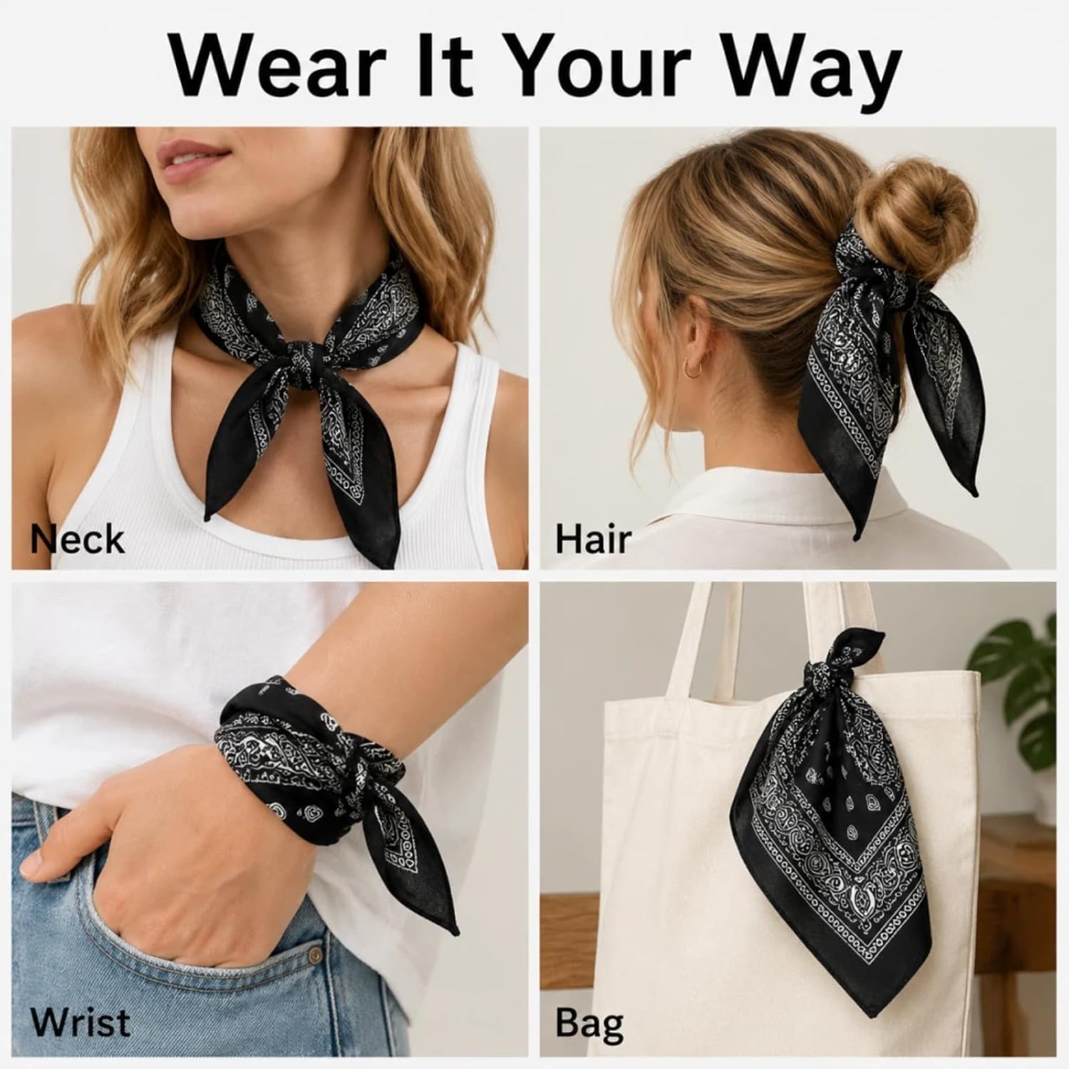 Cotton Bandana for Men & Women, 22" x 22" Paisley Pattern Handkerchief Headband Scarf, Large Bandanas Face Mask Square Scarf Headwear, Outdoor Sports Cycling Accessories - Black