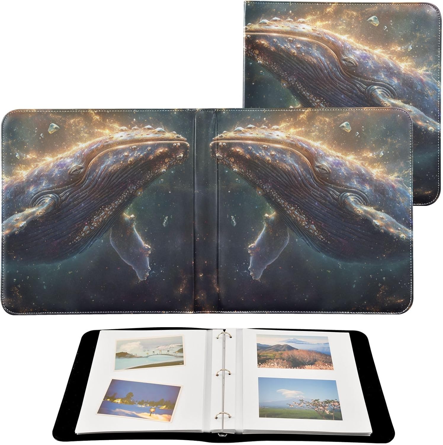 JIPONI Humpback Whale Large Photo Album, DIY Leather Cover Scrapbook Albums for 4x6 5x7 6x8 Pictures, Self Adhesive Memory Book for Wedding, Baby, Family