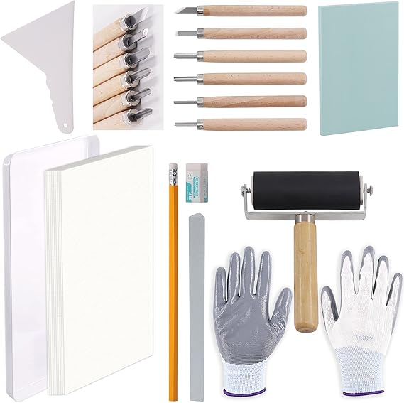 Rustark 24 Pieces Block Printing Starter Tool Kit with Whetstone, Stamp