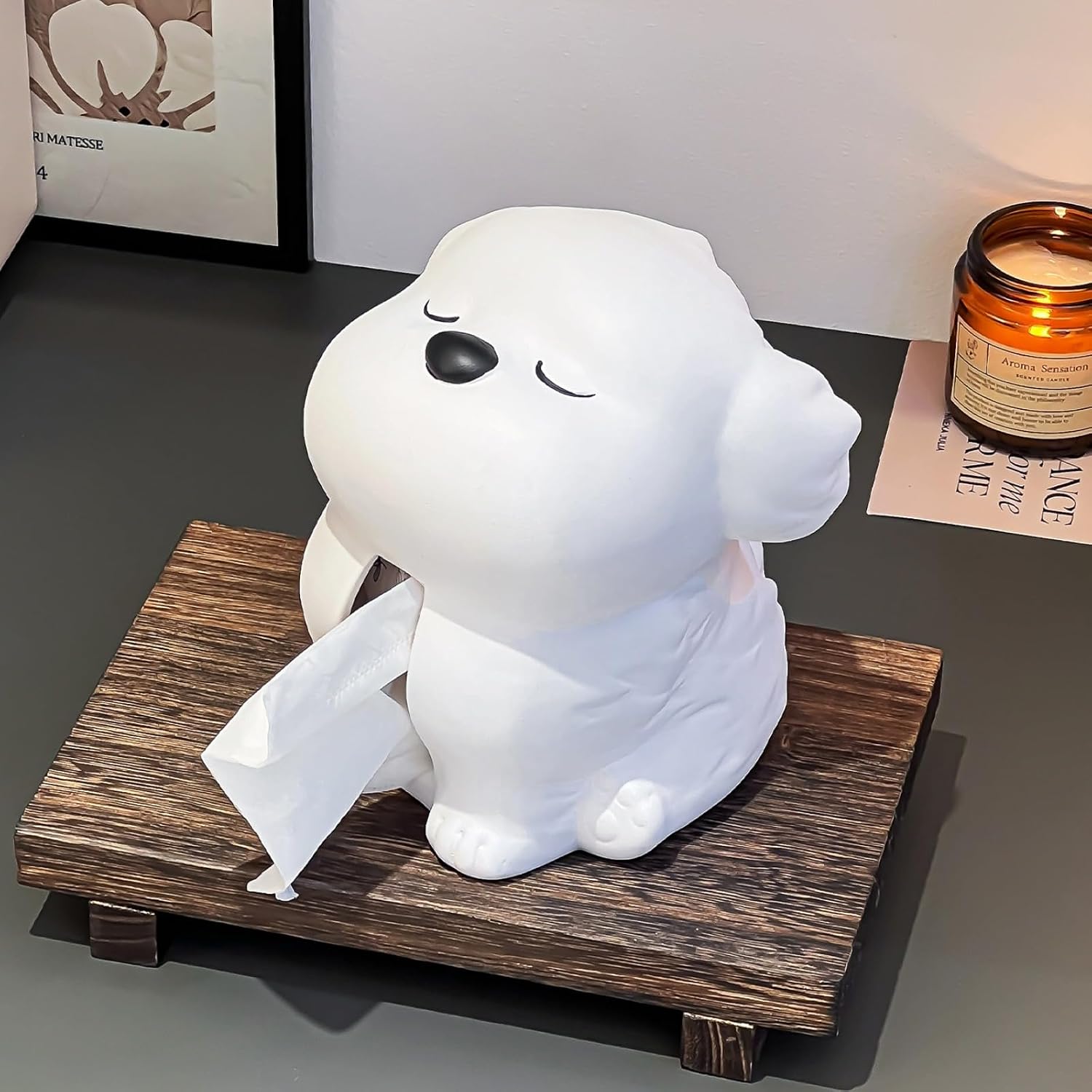 Cute Sassy Dog Shaped Ceramic Tissue Box Cover, Adorable White Puppy Tissue Holder for Bathroom Vanity, Bedroom Nightstand, Desk & Home Decor