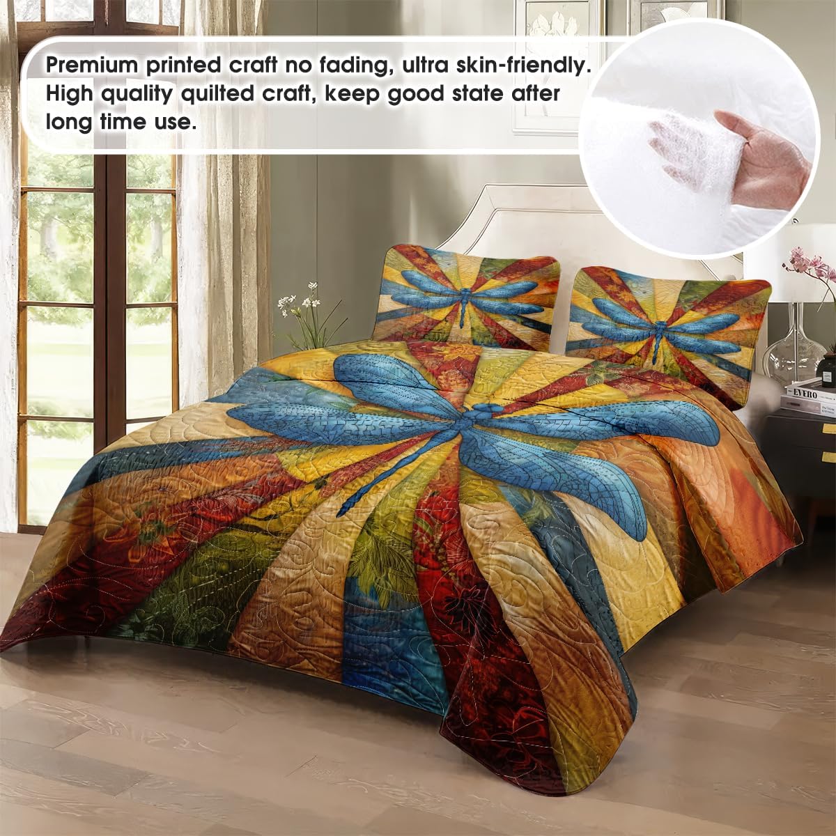 Personalized Dragonfly Patchwork Pattern Quilt Set, Animal Style, Dragonfly Quilt Set Bedspread, Custom Nature Autumn Quilt Bedset, Cotton Bedding for Bedroom Girl Room (Retro Dragonfly)