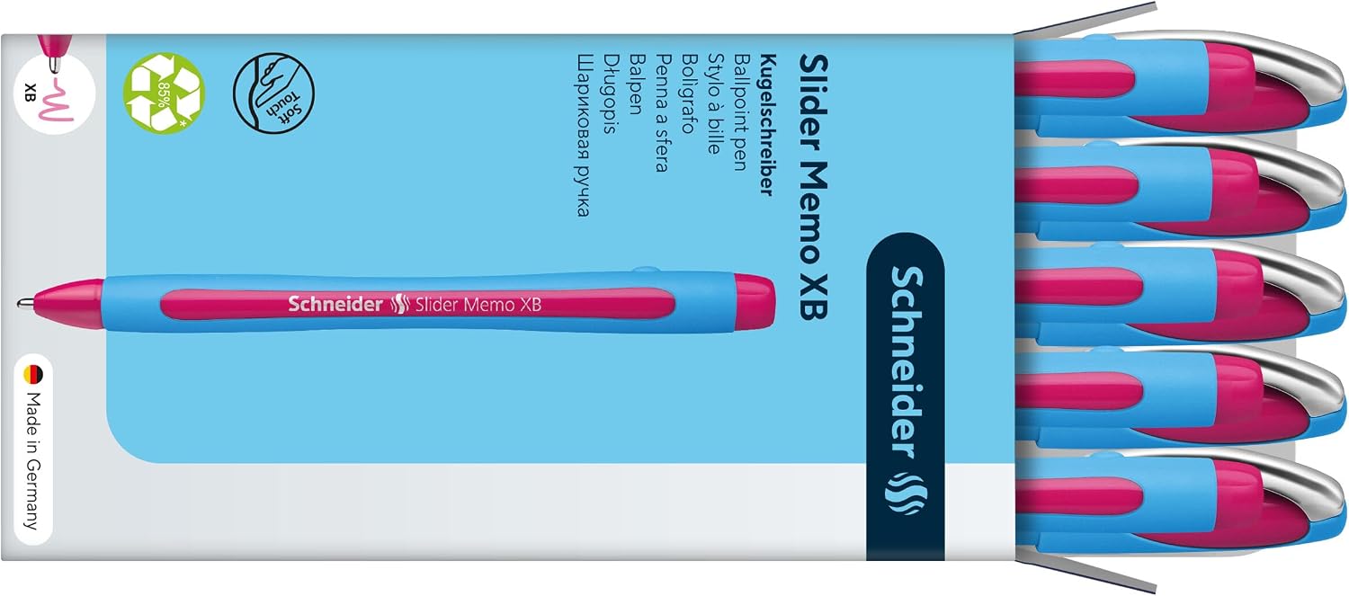 Schneider Slider Memo XB (Extra Broad) Ballpoint Pen, 1.4 mm, Light Blue Barrel, Pink Ink, Box of 10 Pens (150209)