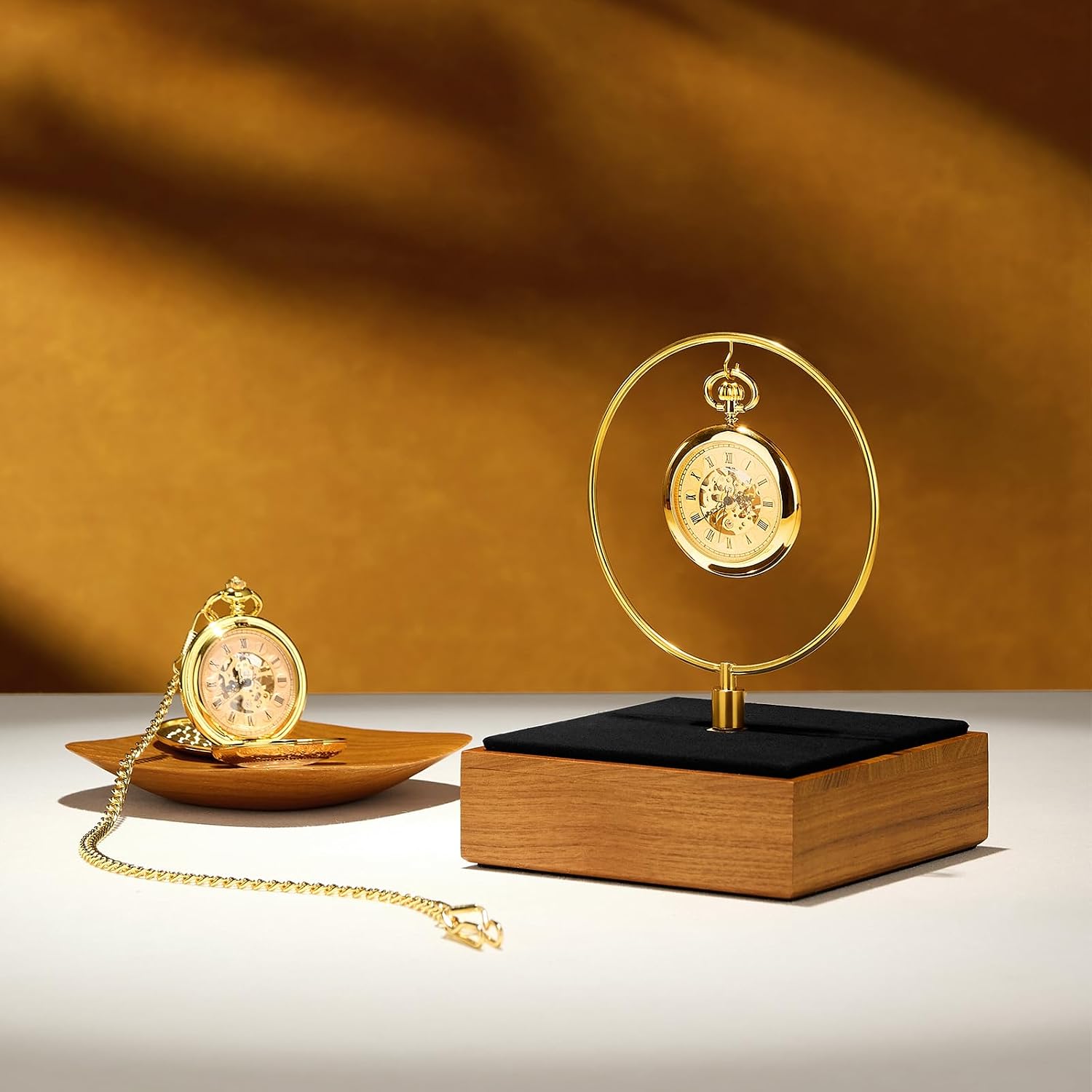 Oirlv Wood & Silver Metal Pocket Watch Display Stand, Luxury Holder for Pocket Watches & Pendants
