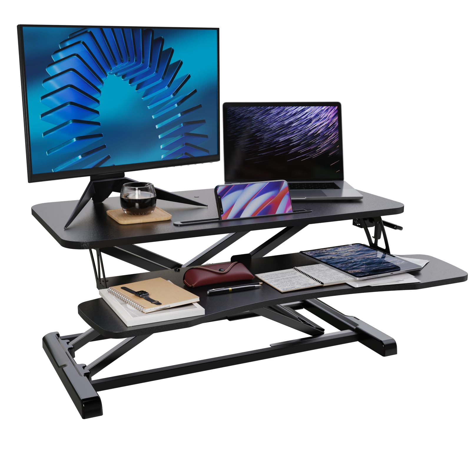 Fohfurniture Convertisseur de bureau debout, support assis, table d'extension, petit bureau debout, Airlift Pro, bureau debout, lève-bureau à domicile (noir)