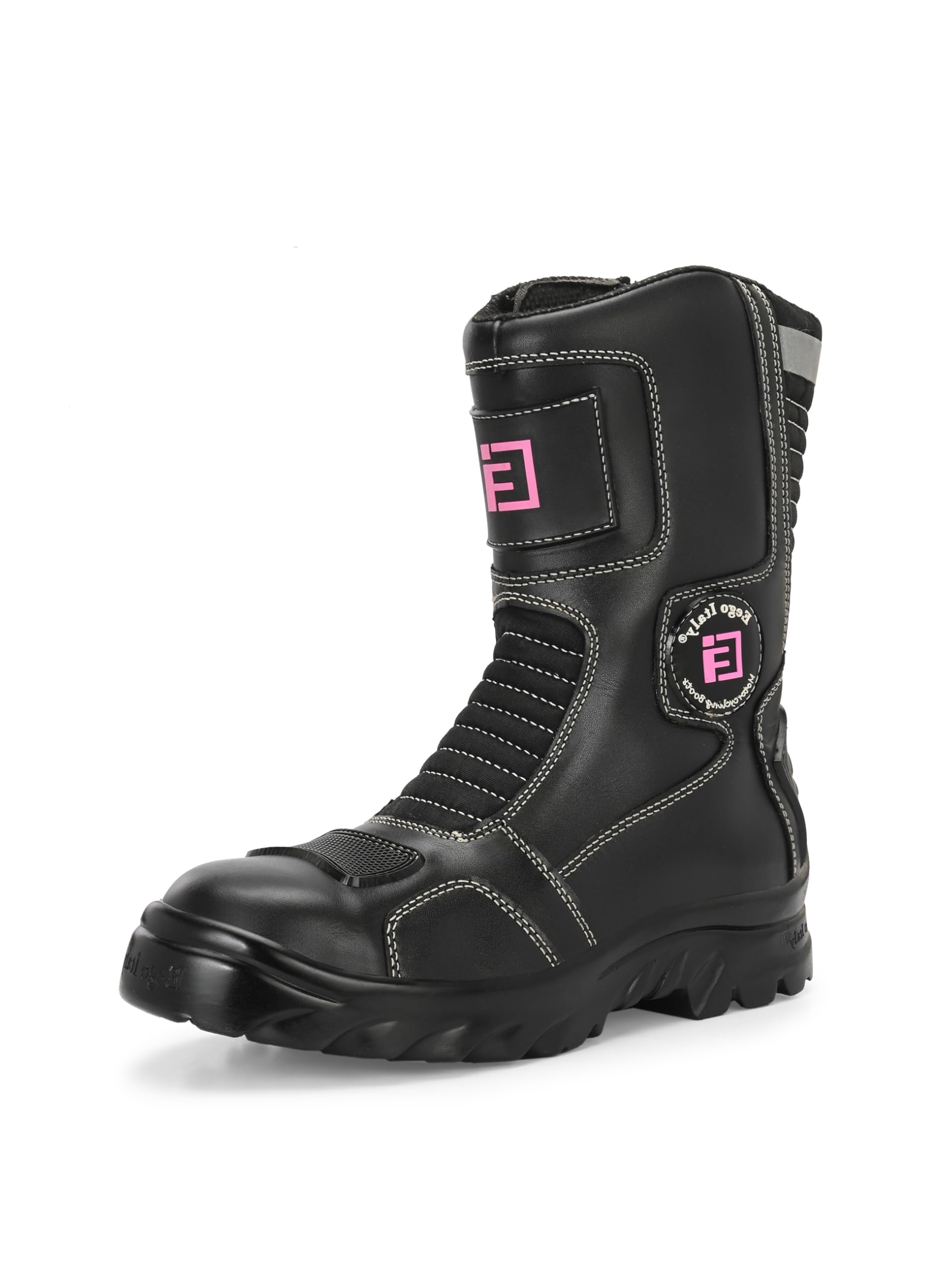 Eego Italy Women's Patrol Biker boot/Motorcycle riding boot, real leather upper & anti slip sole with steel toe protection, padded socks, 3M Reflectors,lace free, with rubber gear protector