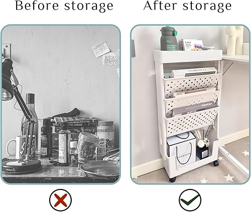 Miniatura 5 de Estantería móvil de 5 niveles con ruedas, estantería de almacenamiento extraíble, carrito de almacenamiento delgado para estudiantes, profesores y