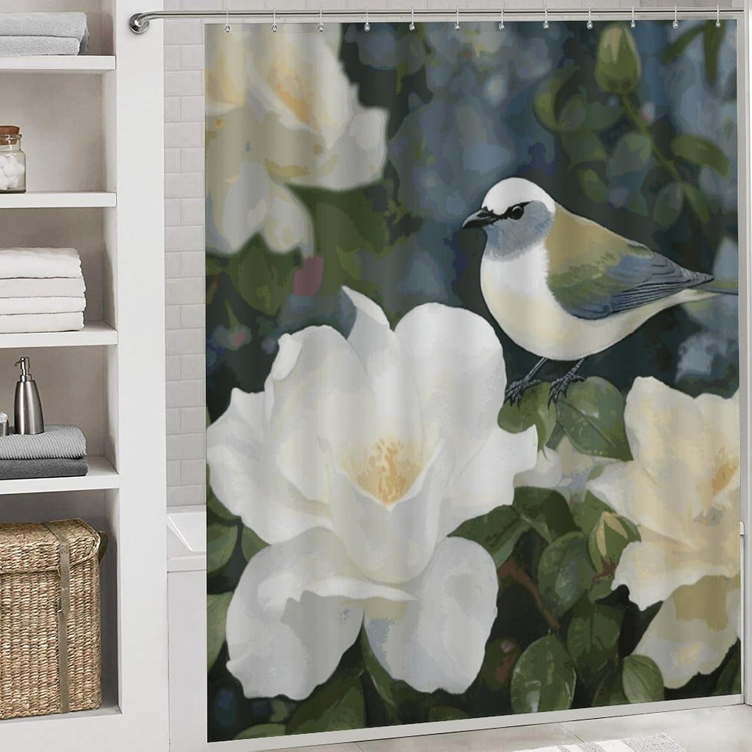 4 Piece Bathroom Rug Set with Shower Curtain, Non-Slip Bath Mat Toilet Cover Set, Gardenia Flowers Birds Bathroom Rug Sets