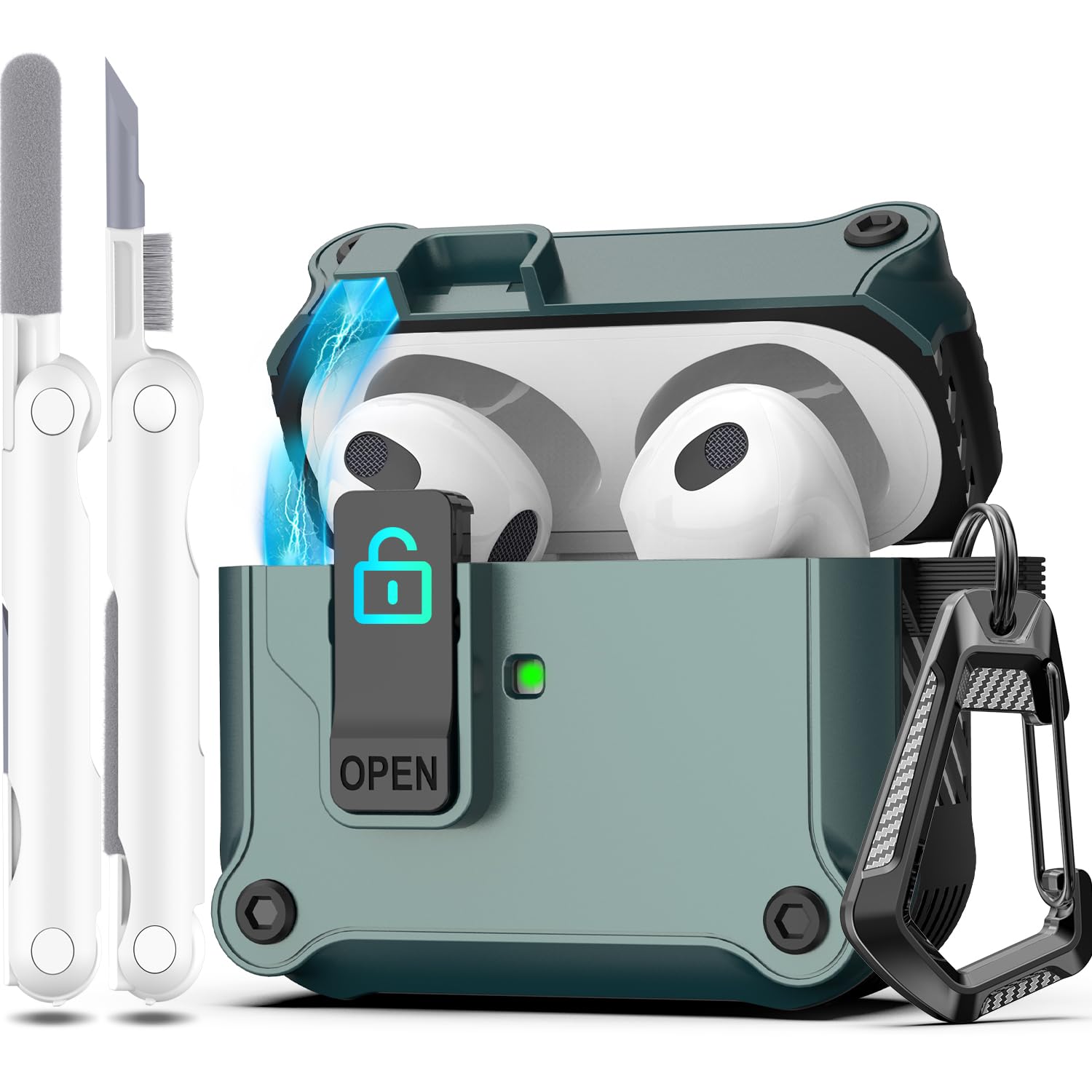 R-fun for AirPods 3rd Generation 2021 Charging Case Cover, Full Drop Protection Auto Pop-Up Lid Design for Apple Airpod 3 Gen Case with Cleaner Kit &