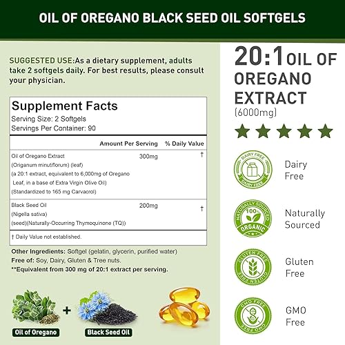 Miniatura 4 de Aceite de orégano con aceite de semilla negra, 180 cápsulas de aceite de orégano orgánico, 165 mg de Carvacrol, sin OMG, sin lácteos, sin gluten,