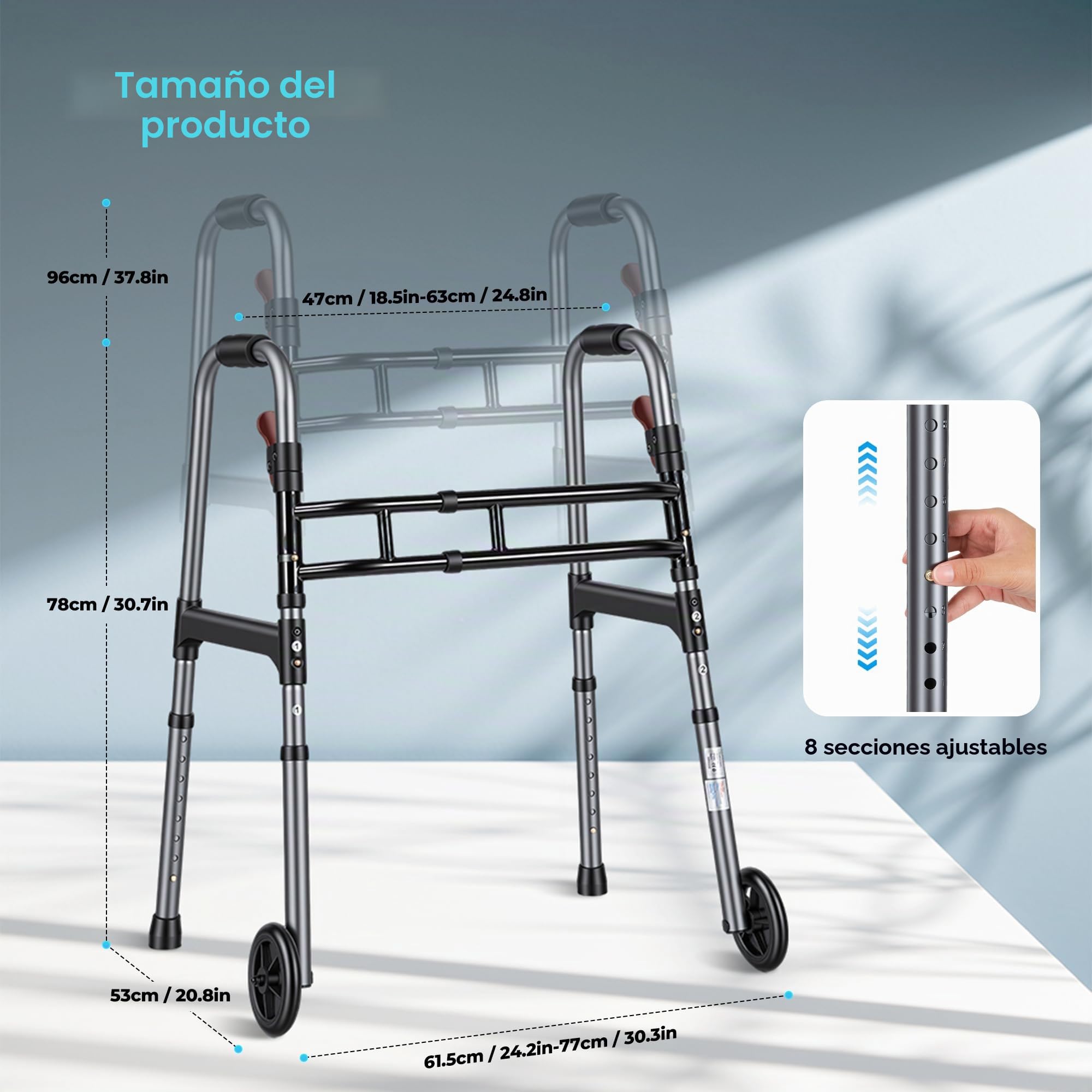 Careboda Marco plegable con diseño de barra doble, plegable y portátil con ruedas fijas de 12,7 cm, altura ajustable y función de disparador, para personas mayores y adultos