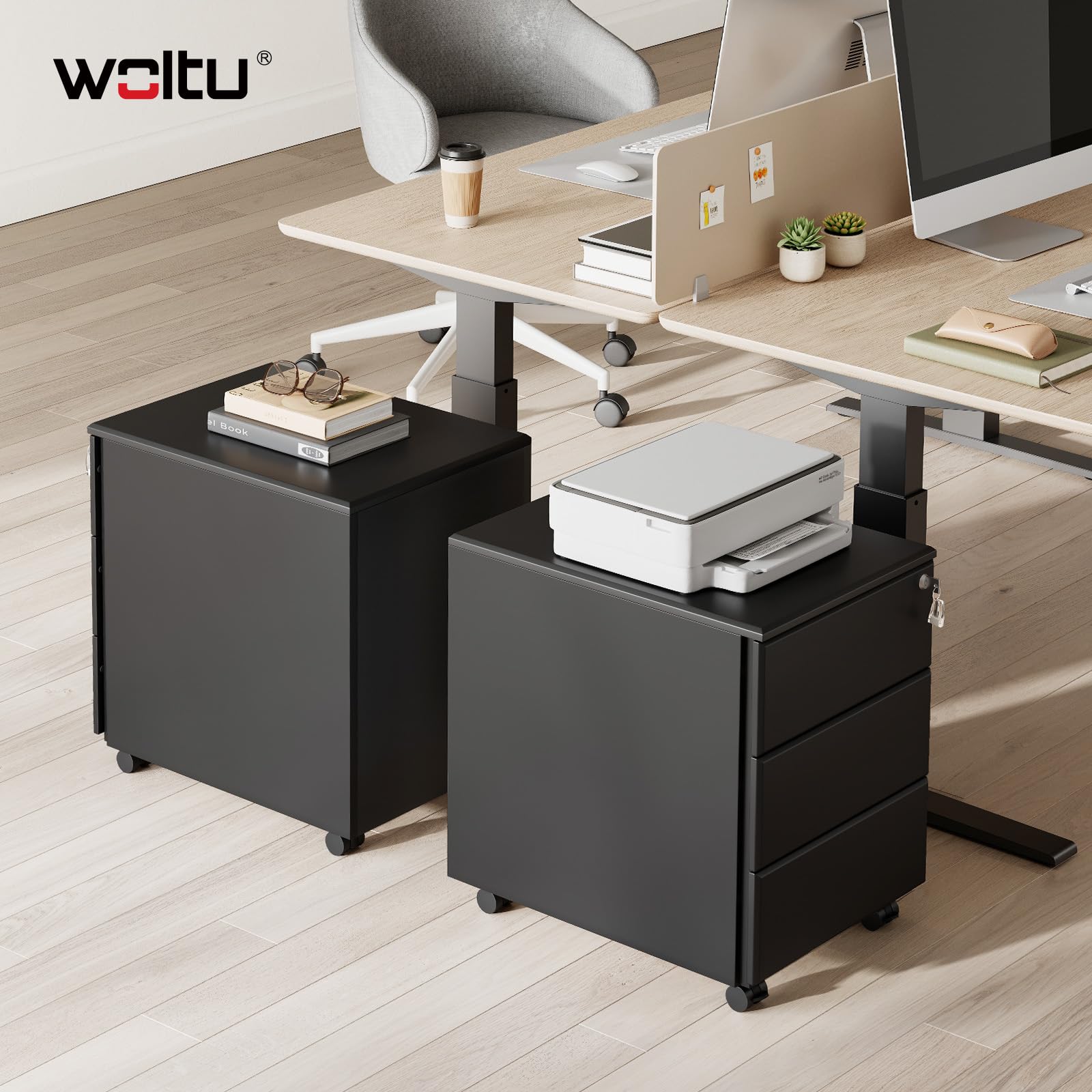 WOLTU Rollcontainer Metall, Mobiler Aktenschrank Büroschrank mit 3 Schubladen Bürocontainer, abschließbares und verstellbares Hängeregister, vormontiert, Büro, Home Office Schwarz SK024sz