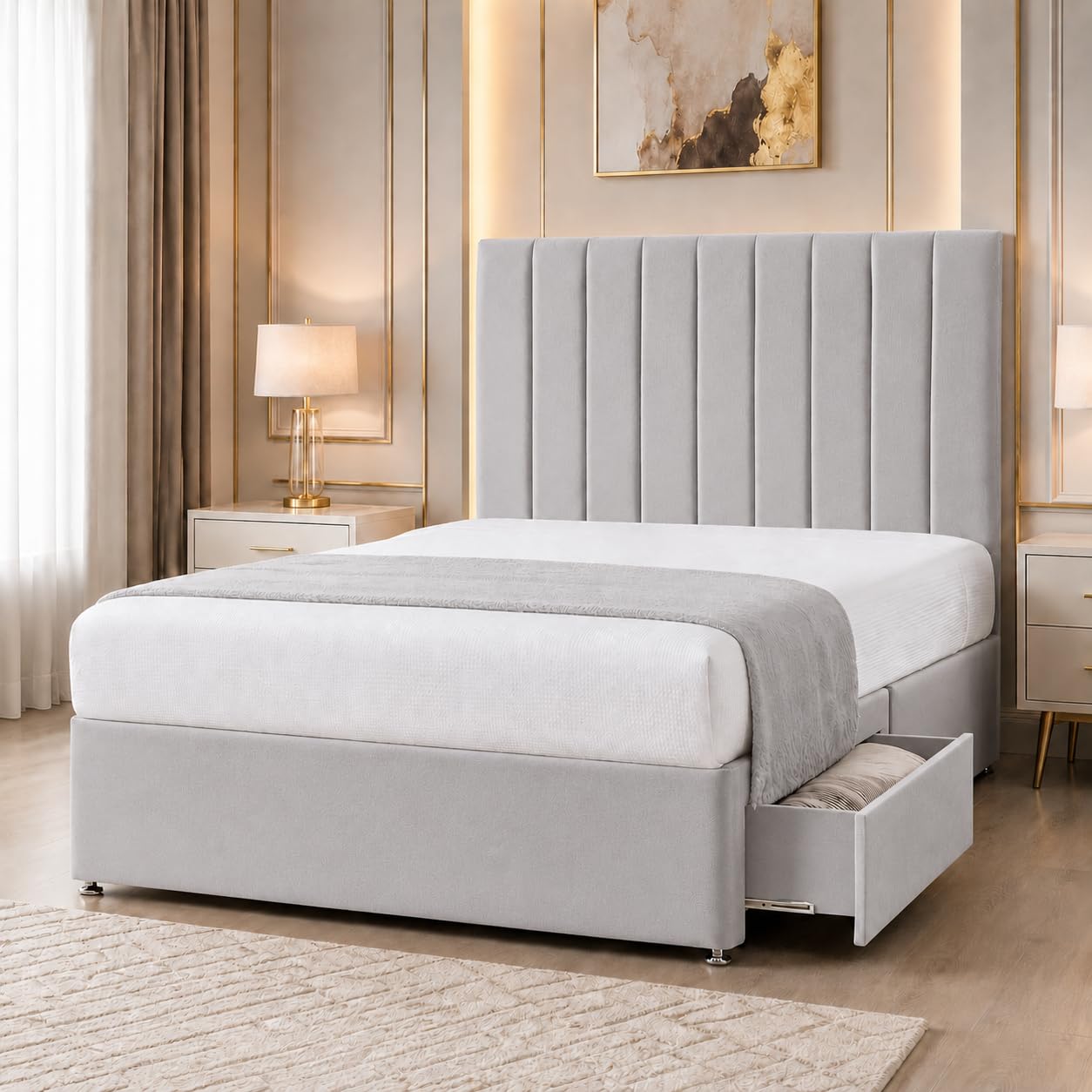 Living Comfort Bedz Andover Divan Bed with 26" Headboard | Plush Velvet Upholstery | Orthopedic Mattress Included | Multiple Drawer Storage Options(Silver,3FT Single No Drawer)