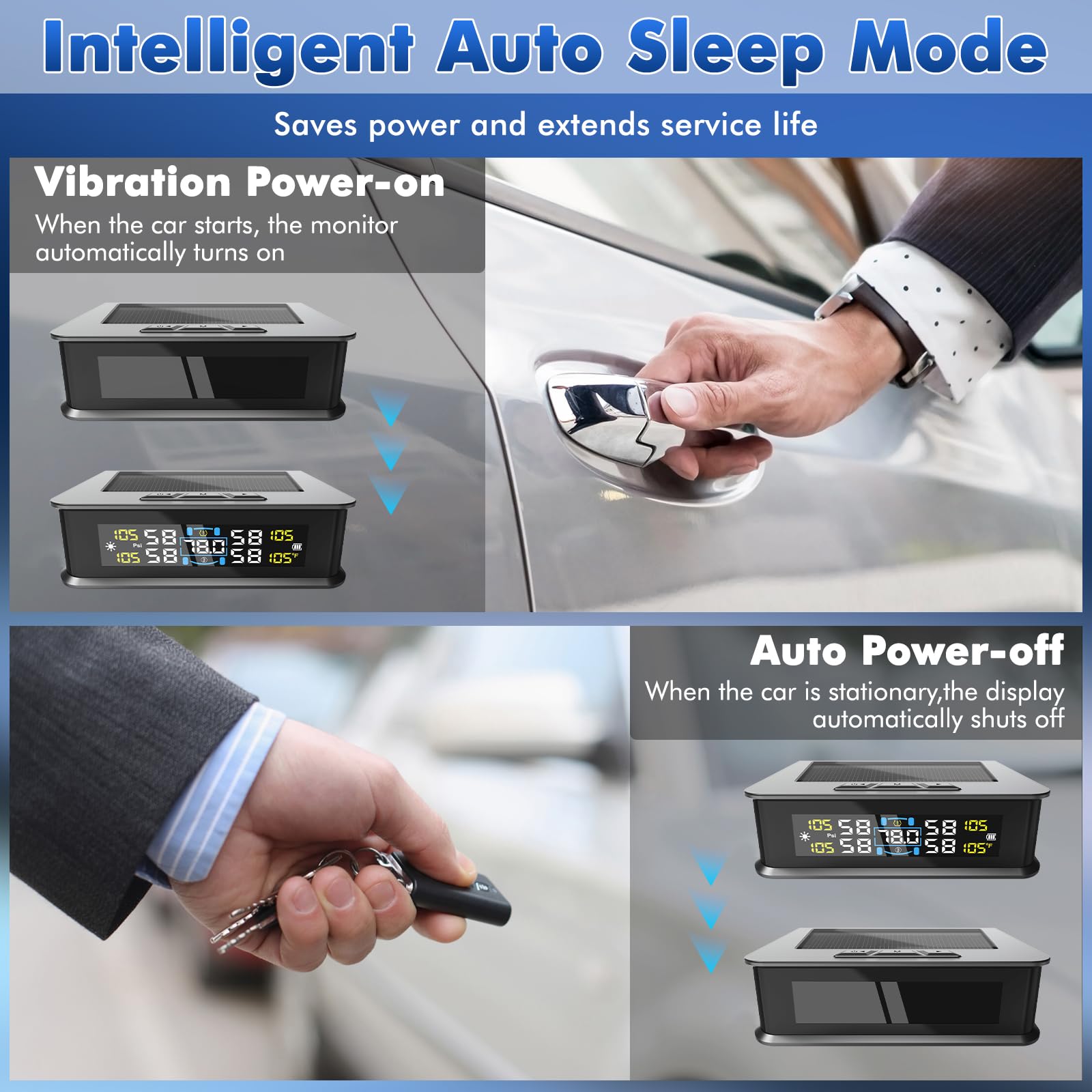 0-5 Bar Sistema di Monitoraggio della Pressione dei Pneumatici TPMS, Solare Wireless e Ricarica USB, 5 modalità di Allarme, 4 Gomme Sensori Esterni, Gamma, Universale per Auto SUV Camper