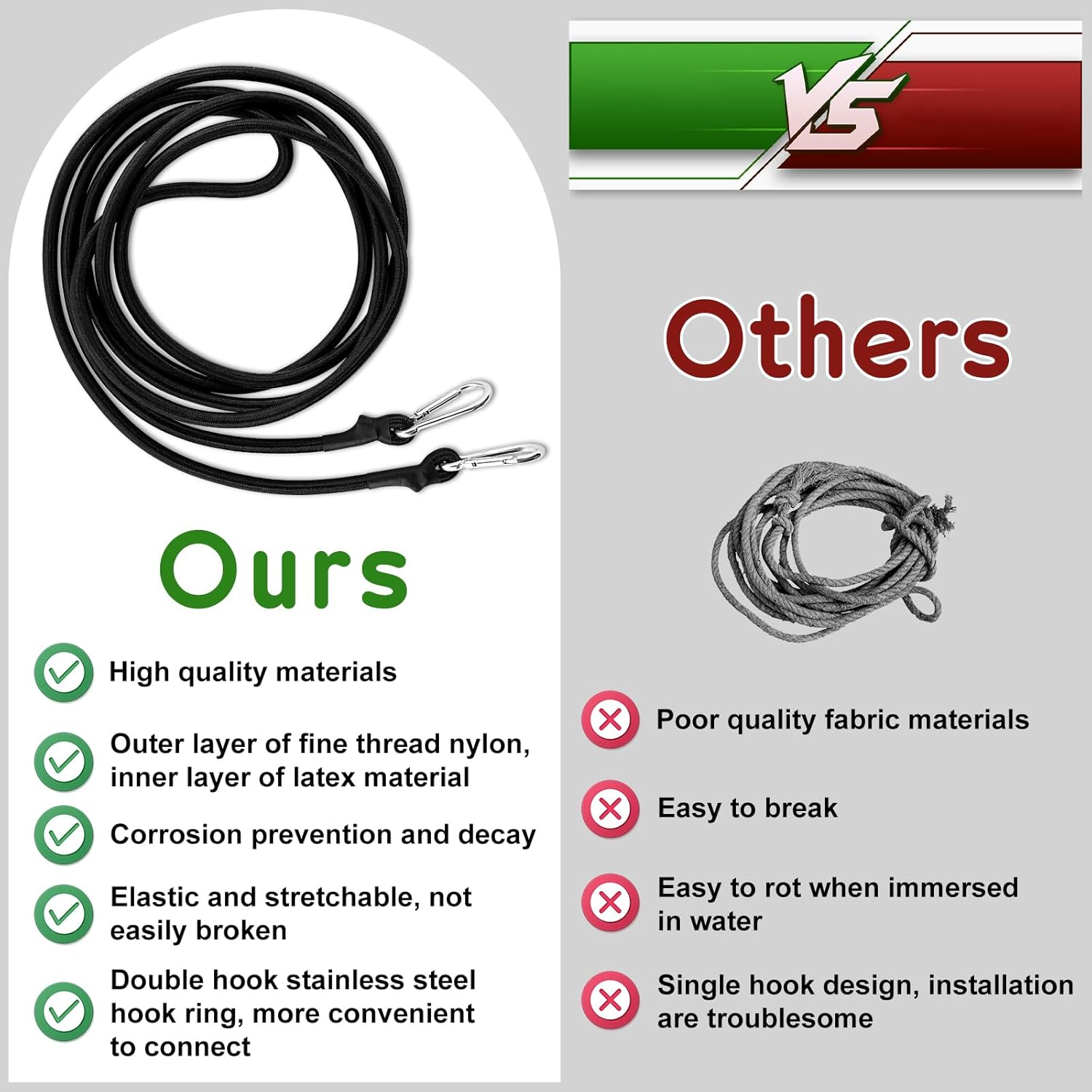 3 Pcs 10Ft Elastic Bungee Cords with Carabiner Hooks, Foam Water Pad Mat Bungee Cord, Heavy-Duty Shock Cord, Kayak Stretch String Rope, Floating Mat Tether Kit for Secure Mooring