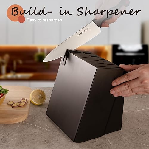 Miniatura 4 de Astercook - Juego de 21 cuchillos para cocina con bloque, aptos para lavavajillas, con afilador integrado, color negro