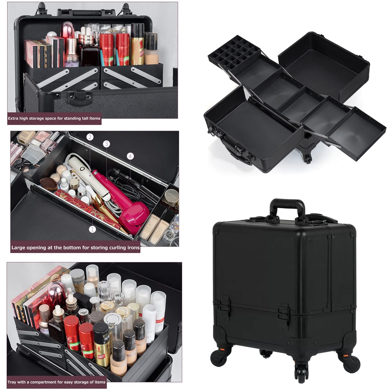 Walizka na kółkach, walizka na kółkach do makijażu, przenośny wózek kosmetyczny, etui na manicure, aluminiowa walizka na makijaż, na przybory do paznokci, kosmetyczka, podróżna kosmetyczka,