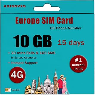 Prepaid SIM Card for Europe Travel with 10GB of 4G Data, 30 mins Calls and 100 SMS Between Europe Countires with UK Phone Number (Lasts for 15 Days),Tethering Allowed, Plug and Play