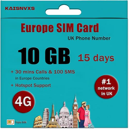 Prepaid SIM Card for Europe Travel with 10GB of 4G Data, 30 mins Calls and 100 SMS Between Europe Countires with UK Phone Number (Lasts for 15 Days),Tethering Allowed, Plug and Play