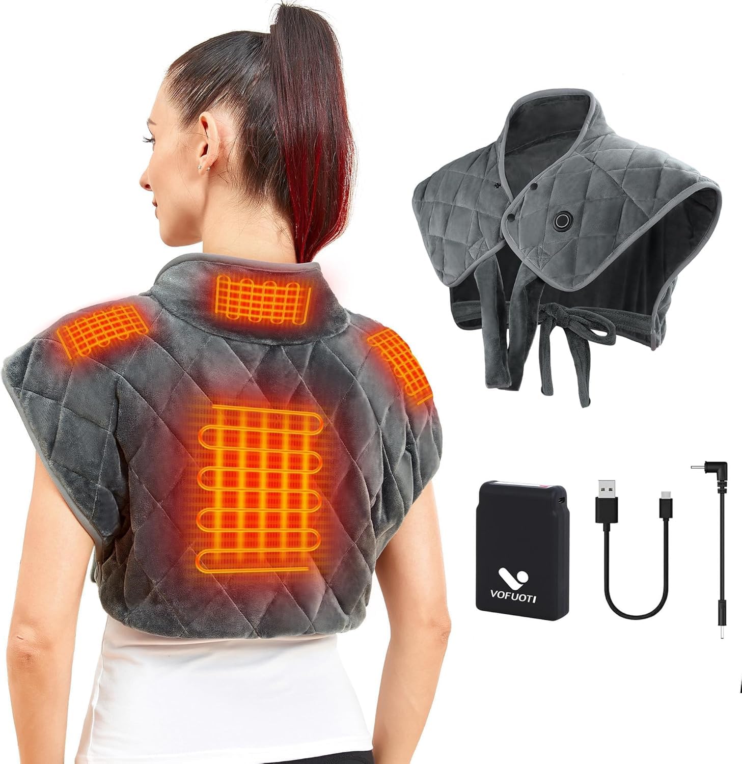 Vofuoti Almohadilla Térmica Inalámbrica con Batería, 5000mAh, Hombros, Cuellos y Espalda, Almohadilla Térmica Ponderada con 3 Ajustes de Calor, Girs