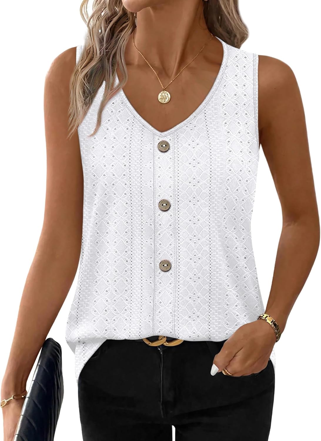 Womens Tank Tops Loose Casual Summer Tops Eyelet V Neck Basic Sleeveless Shirts Trendy 2026 image 2