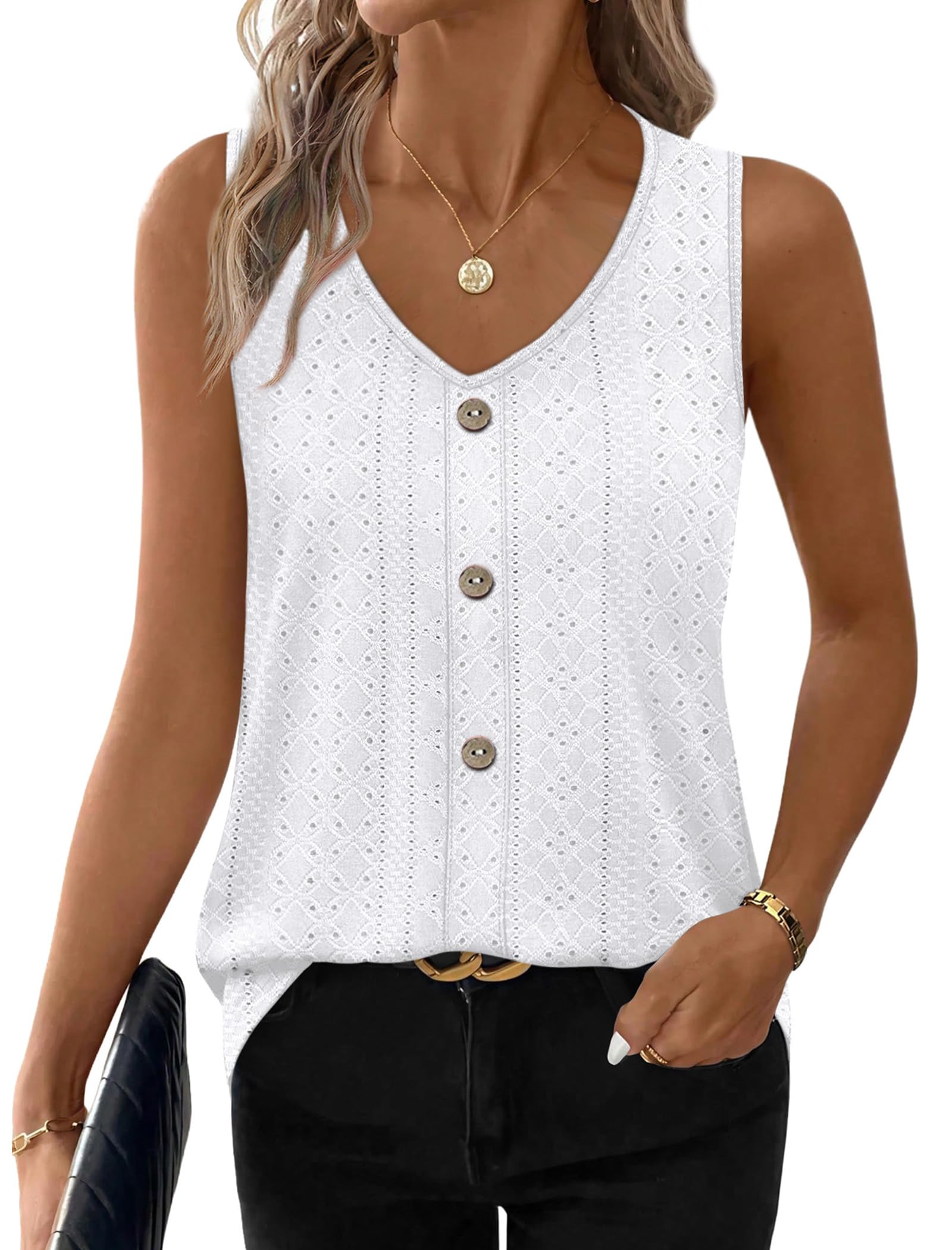 WIHOLL WIHOLL Womens Tank Tops Loose Casual Summer Tops Eyelet V Neck Basic Sleeveless Shirts Trendy 2026 in use