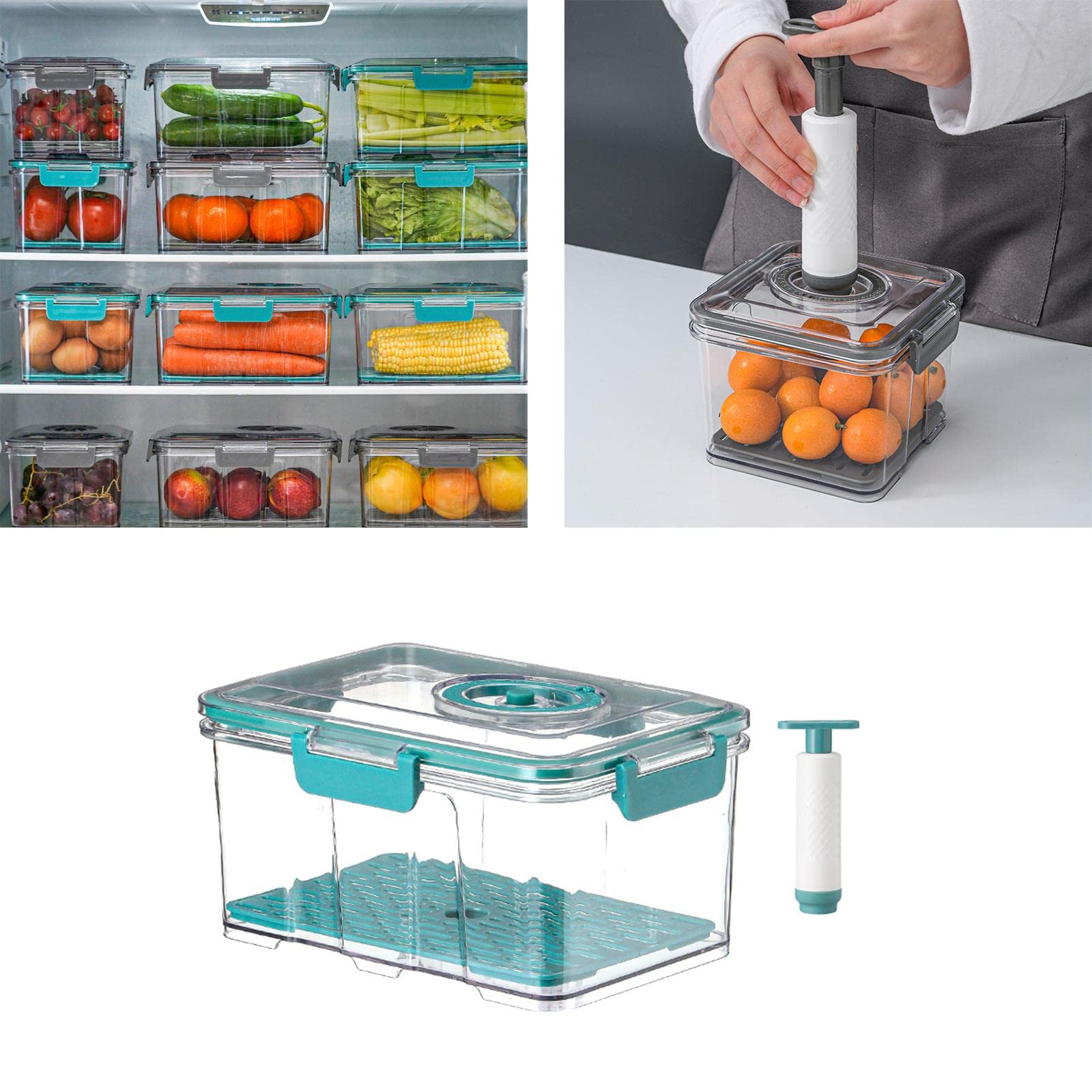 Baoblaze Vacuum Contenant Boîte Alimentaire Récipient Préservation sous Vide Récipient Plastique avec Pompe Manuel Fermeture Robuste Adapté pour Cuisine Bureau, Vert 2.5L