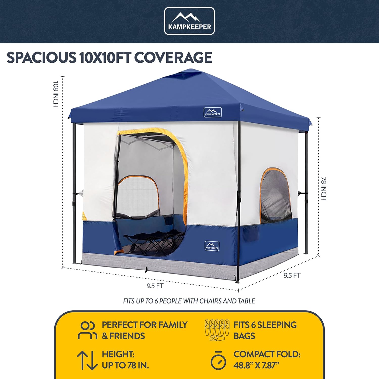KAMPKEEPER 6 Person Camping Tent, 10x10 Pop Up Canopy Tent with Camping Inner Tent, Converts 10'x10' Straight Leg Canopy into Camping Tent–Fully Vented Roof(Canopy & Frame Included)