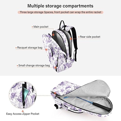 Miniatura 5 de Mochila de tenis para mujer y hombre, transpirable, cráneo morado, mariposa, 2 raquetas, bolsa de gimnasio, bolsa de gimnasio para hombres y