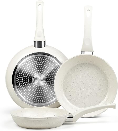 Innerwell Juego de sartenes de cerámica, juego de 3 sartenes antiadherentes, utensilios de cocina de inducción de cerámica blanca, sartén