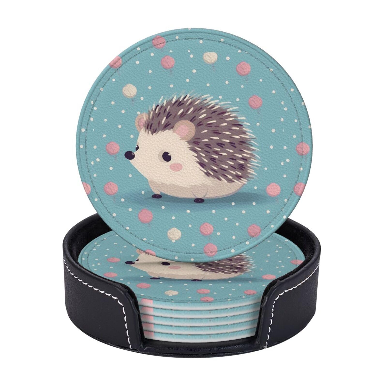 6Pcs PU Leather Coaster for Drinks, Hedgehog Polkadot Cup Coasters with Holder, Aesthetic Drink Coasters for Coffee Table, Round Coaster for Tabletop Protection 4" Cup Mat Pad