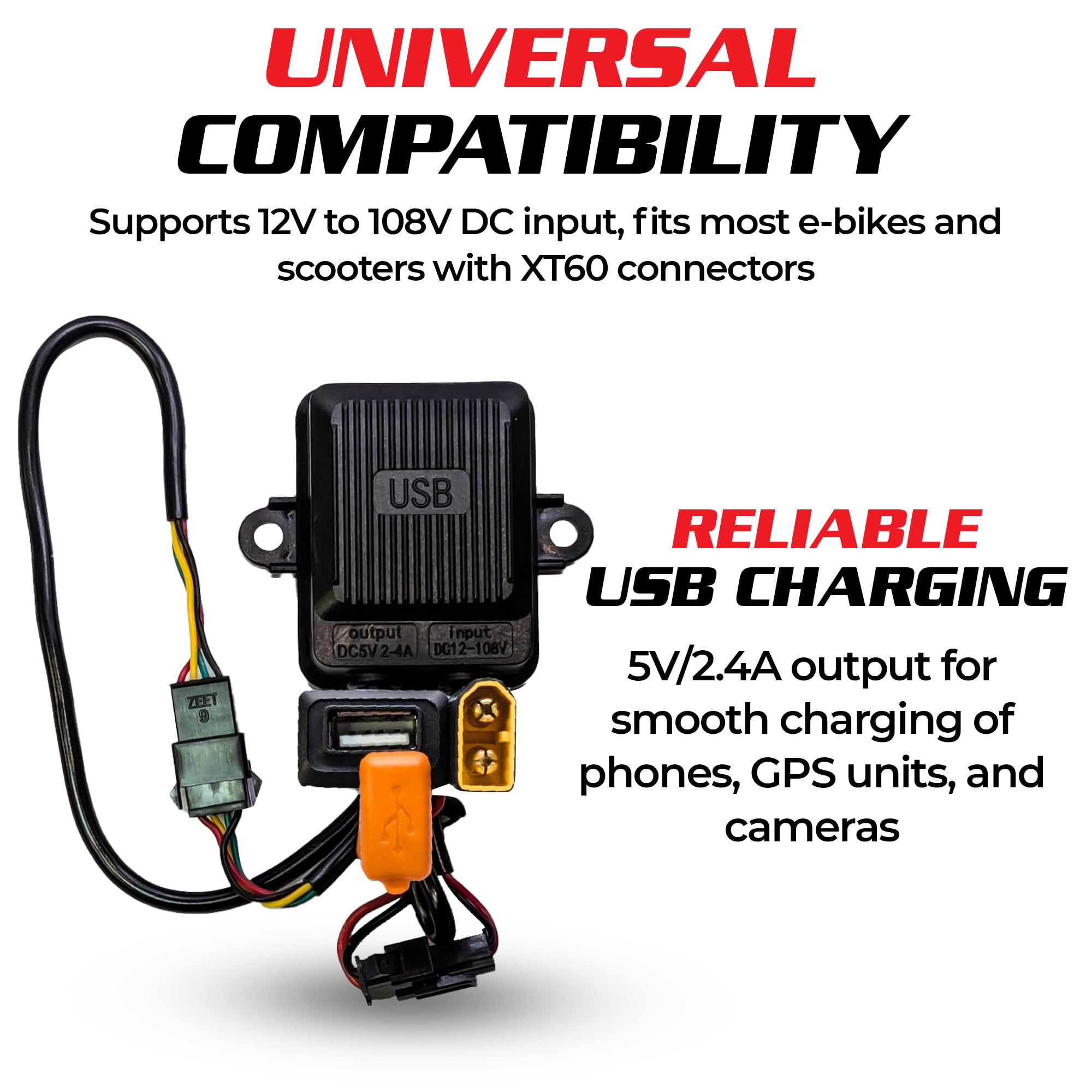 XT60 USB Charging Port Adapter for E-Bike and Scooter, 12-108V Input, 2.4A Output, Compatible with GPS Tracker, Phone, Action Camera